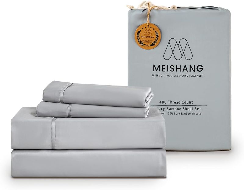 Photo 1 of Light Grey MEISHANG Bamboo Viscose Sheet Set Queen Size - 100% Pure Organic Viscose - 400TC Bamboo Viscose Cooling Bed Sheets Set - Fit 16 Inch Deep Pocket - 4 Piece Set Silky Soft Luxury 