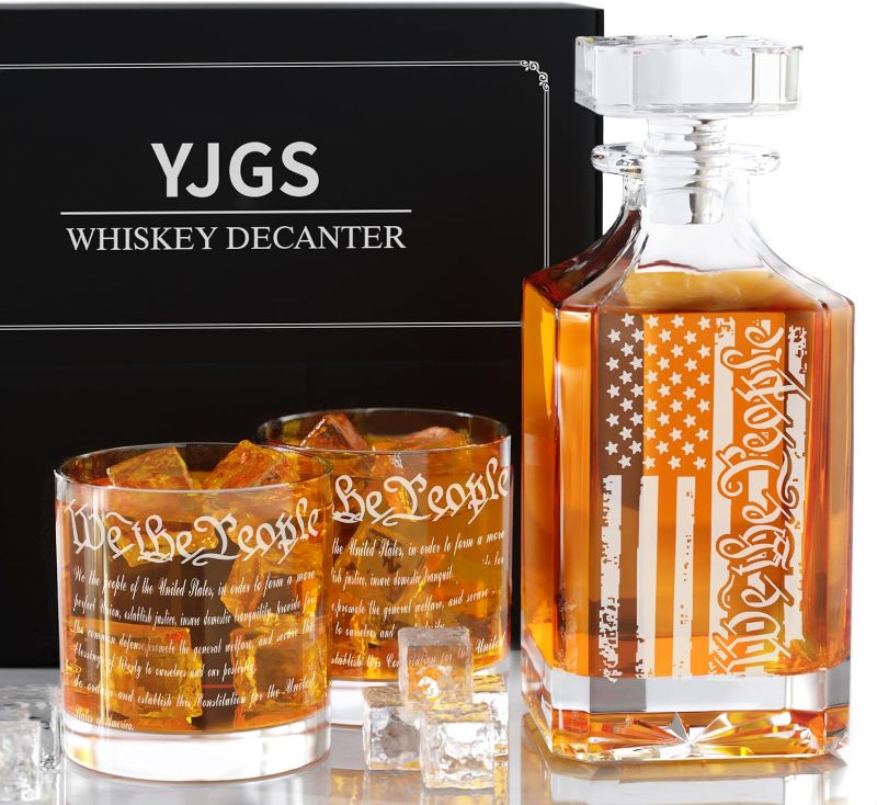 Photo 1 of YJGS Whiskey Decanter Set for Men, We The People Decanter Set with Glasses, Engraved American Flag Decanter for Liquor Bourbon Gifts for Men Unique Birthday Father's Day Gifts for Men Dad
