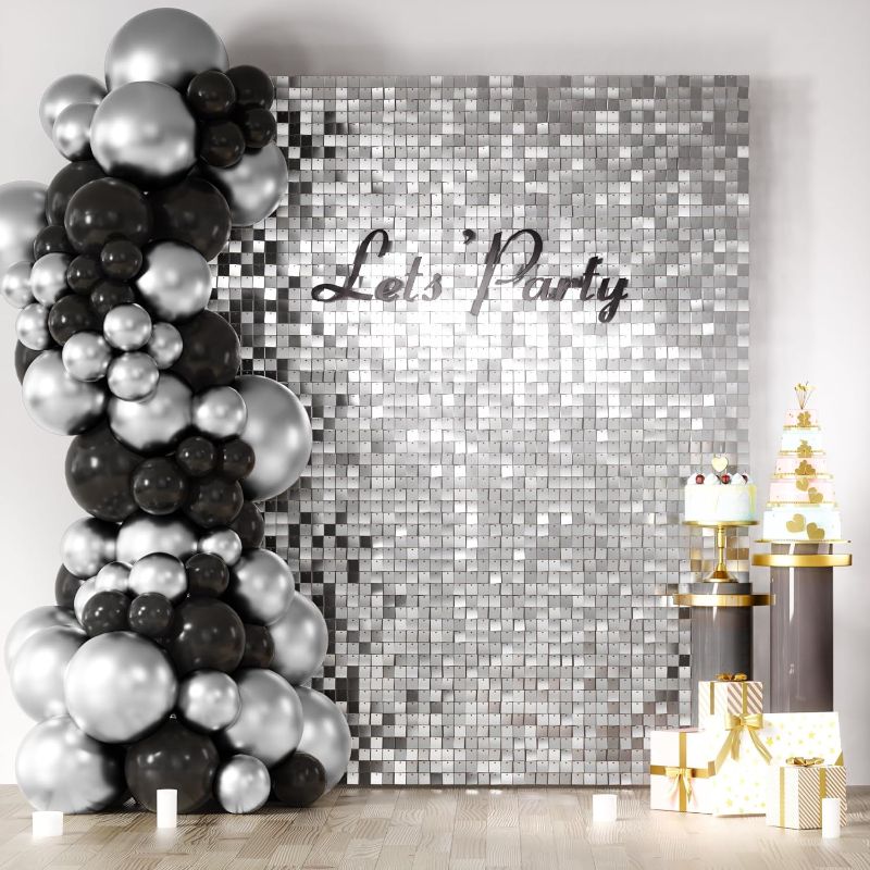 Photo 1 of 1 Box COKAOBE Silver Shimmer Wall Backdrop 24PCS Silver Sequins Backdrop Decoration Panels, Photo Backdrops for Birthday, Anniversary Wedding Engagement Decoration (Silver)
