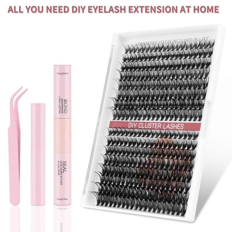 Photo 2 of 2pack DIY Eyelash Extensions Kit, Lash Clusters 320 Pcs, Applicator Tool, Bond and Seal Super Hold, Glue Remover Easy to Apply at Home (30D+40D D MIX9-16)
