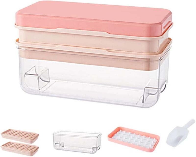 Photo 1 of Press Type Ice Cube Maker, Ice Cube Trays with Lid and Container Ice Mould Double Layer Creative Ice Box, Comes with Ice shovel, One Second Release All Ice Cubes, BPA Free - 64 Ice Cubes (Pink)

