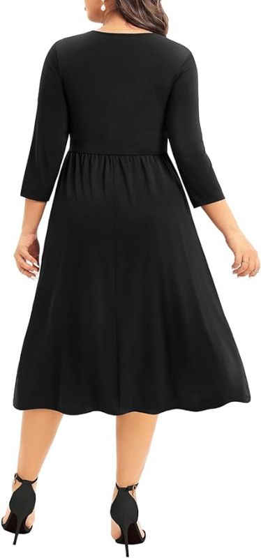 Photo 2 of Size 14 Black Pinup Fashion Women's Plus Size Twist Knot Front V Neck 3/4 Sleeve A-line Wedding Guest Midi Dress
