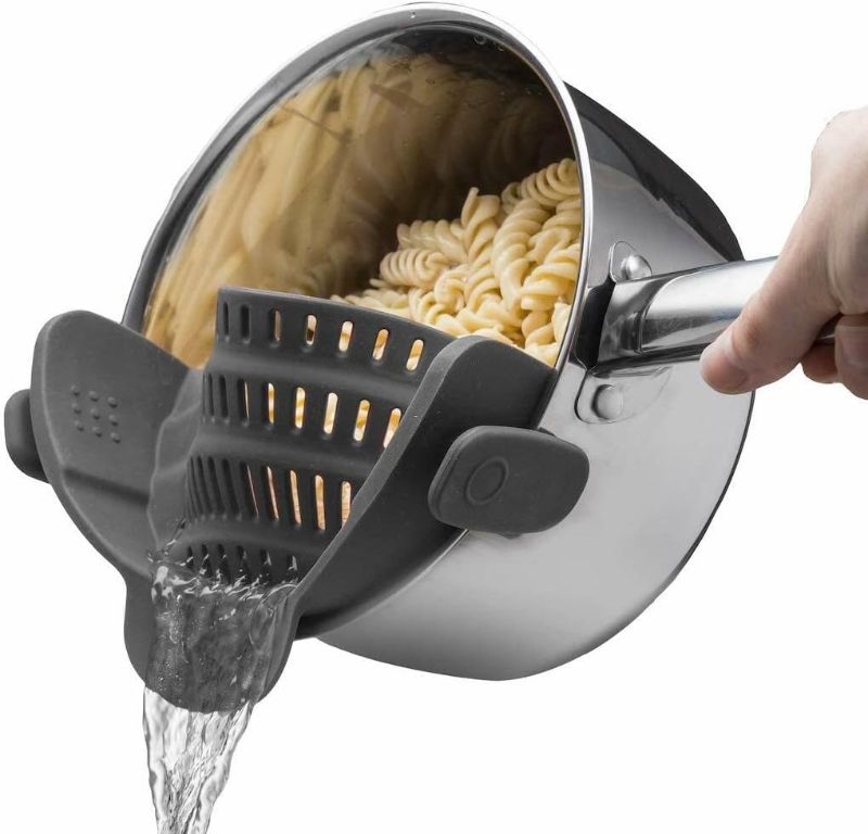 Photo 1 of Kitchen Gizmo Snap N' Strain - Silicone Clip-On Colander, Heat Resistant Drainer for Vegetables and Pasta Noodles, Kitchen Gadgets for Bowl, Pots, and Pans - Essential Home Cooking Tools - Grey
