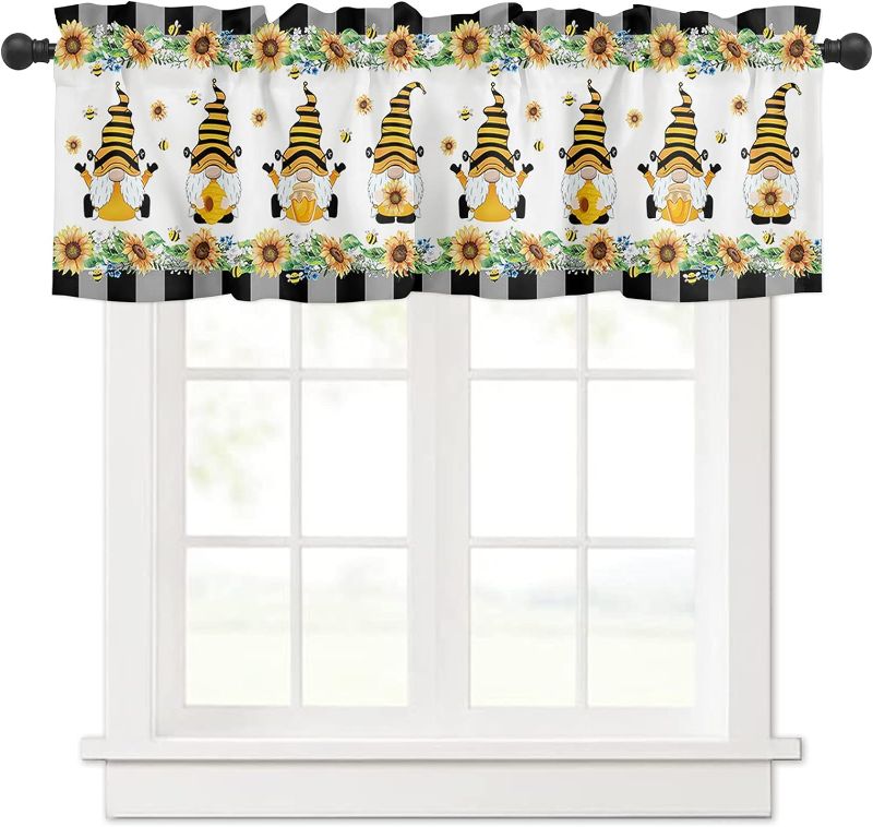 Photo 1 of 1pcs Window Valance Rod Pocket Short Curtain Panels Farm Bee Gnomes with Honey Sunflower Kitchen Valances Curtains,Country Floral Lace Buffalo Plaid Edge Window Treatments Drapes for Bedroom 54x18in

