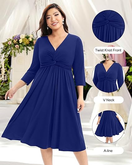 Photo 1 of Size 26W Navy Blue Pinup Fashion Women's Plus Size Twist Knot Front V Neck 3/4 Sleeve A-line Wedding Guest Midi Dress

