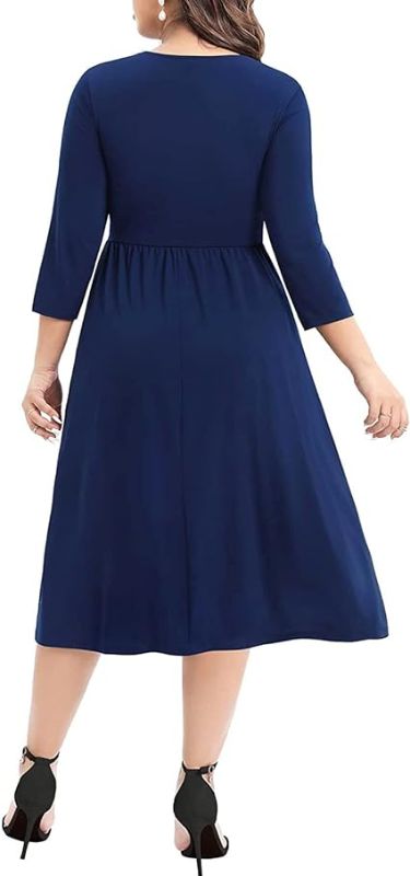 Photo 2 of Size 26W Navy Blue Pinup Fashion Women's Plus Size Twist Knot Front V Neck 3/4 Sleeve A-line Wedding Guest Midi Dress
