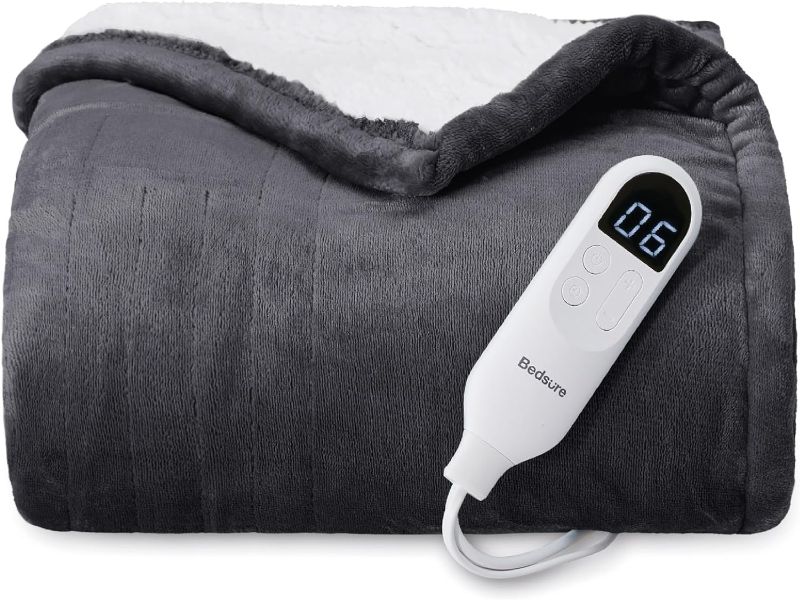 Photo 1 of 1 Grey Bedsure Heated Blanket Electric Throw - Soft Fleece Electric Blanket, Heating Blanket with 4 Time Settings, 6 Heat Settings, and 3 hrs Timer Auto Shut Off (50×60 inches, Dark Grey)
