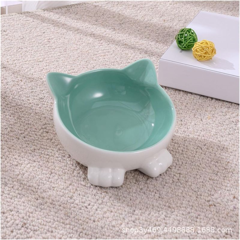 Photo 1 of Pet Food Bowl, Pet Bowl, Pet Supplies, Cat Food Bowl, Cat Bowl Ceramic, Tall Pet Bowl Slanted Cat Basin, Animal Easy-to-Clean Cute Ceramic Pet Food Basin (Size : Cat face Bowl Green and White)
