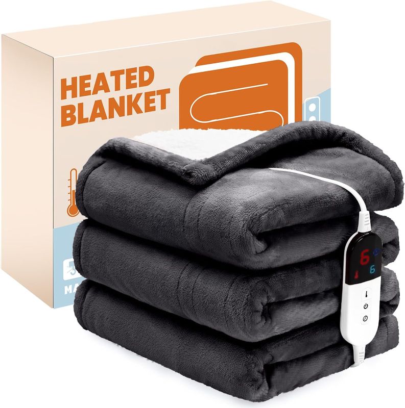 Photo 1 of Electric Heated Blanket?Flannel & Sherpa Heated Throw Blanket 50"x60"?Fast Heating Soft Fleece Blanket with 6 Heating Levels & 4H Auto Off- Grey
