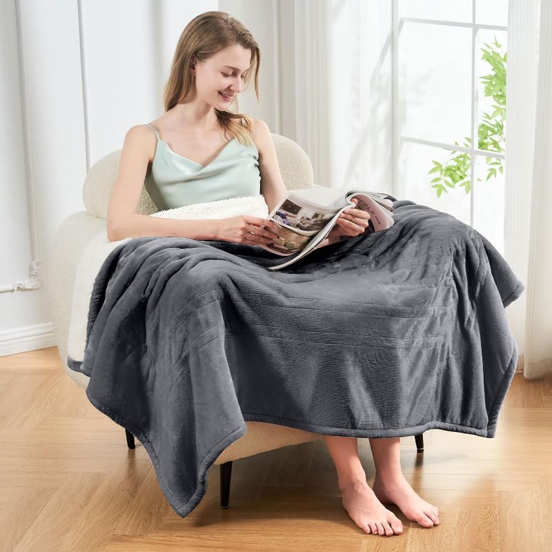 Photo 2 of Electric Heated Blanket?Flannel & Sherpa Heated Throw Blanket 50"x60"?Fast Heating Soft Fleece Blanket with 6 Heating Levels & 4H Auto Off- Grey
