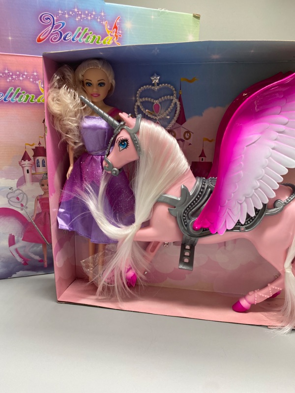 Photo 2 of Bettina Princess Doll, Color Change on Whole Unicorn Under Sunshine, 12'' Doll and 11'' Unicorn Toys & Gifts with Removable Saddle & Wings for Girls