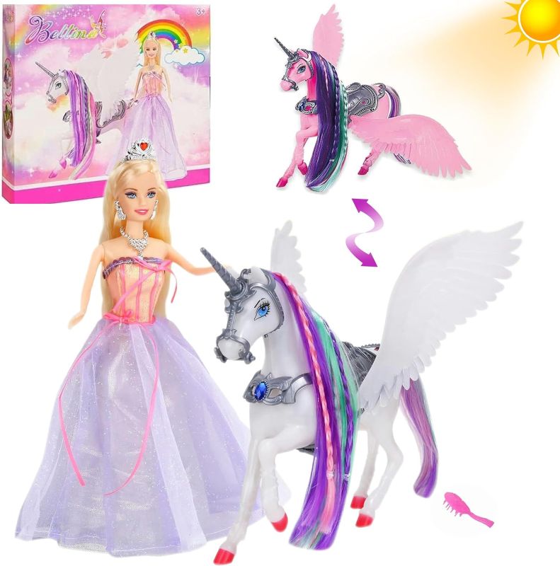 Photo 1 of Bettina Princess Doll, Color Change on Whole Unicorn Under Sunshine, 12'' Doll and 11'' Unicorn Toys & Gifts with Removable Saddle & Wings for Girls