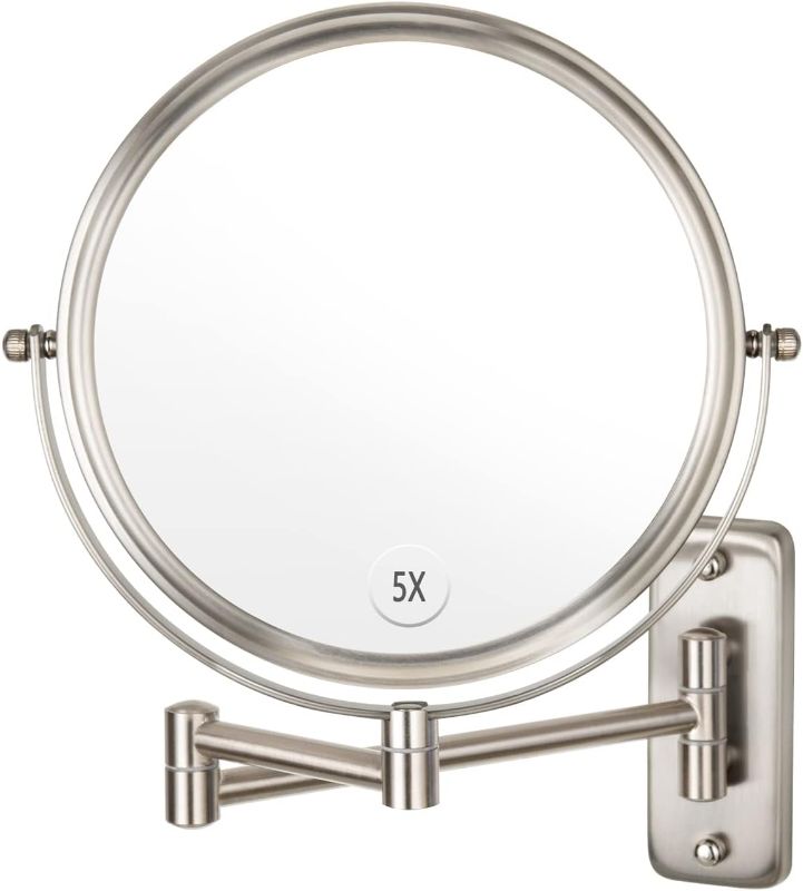 Photo 1 of 1 Silver Firmloc Wall Mounted Makeup Mirror, 1X/5X Magnifying Mirror Double Sided, 8 Inch Extendable Bathroom Mirror for Shaving, Nickel