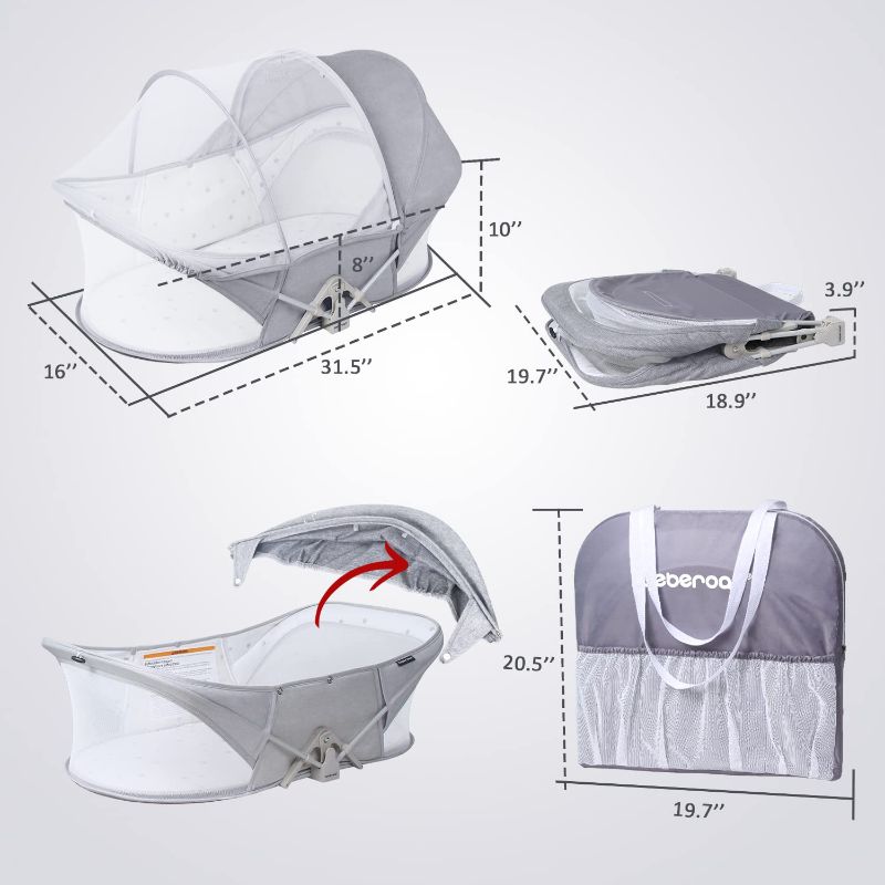 Photo 2 of Beberoad Love Baby Travel Bassinet Portable Bassinet-Folding Baby Bassinet in Bed Mini Travel Crib Infant Travel Bed with Mosquito Net and Canopy Lightweight Washable Foldable Light Grey
