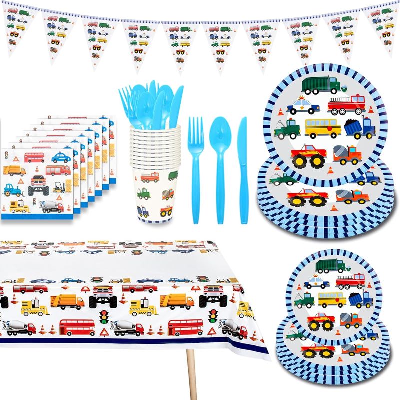 Photo 2 of 91 Pcs Vehicles Party Supplies Traffic Cars Trucks Transportation Paper Plates, Cups, Napkins, Banner, Tablecloth, Traffic Jam Transport Vehicle Party Decorations for Kids Boys
