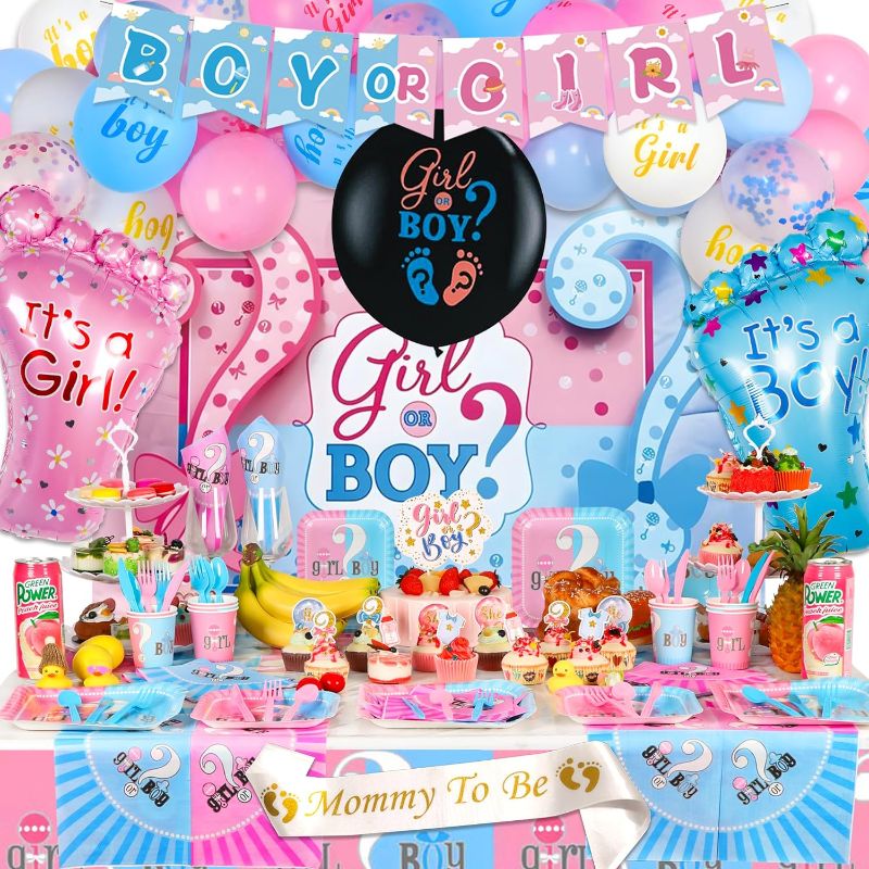 Photo 1 of 177 Pcs Gender Reveal Decorations, Baby Gender Reveal Party Supplies- Disposable Dinnerware Set With Pink and Blue (10 Guest), Boy or Girl Banner, Balloon, Sash, Cake Topper, Photo Props
