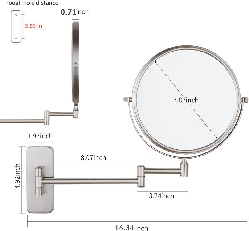 Photo 2 of 1pcs Wall Mount Makeup Mirror, 1X/5X Magnifying Mirror Double Sided, Extendable Magnified Mirror for Shaving and Bathroom Swivel, Brushed Nickel Finish (8 Inch, 5X)
 