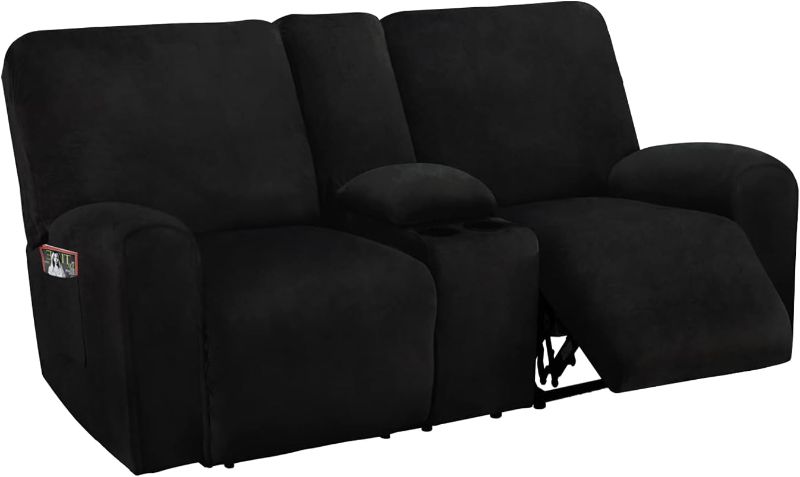 Photo 1 of Black Reclining Loveseat with Middle Console Slipcover, 8-Piece Velvet Stretch Sofa Covers, 2 seat Loveseat Recliner Cover, Thick, Soft, Washable
