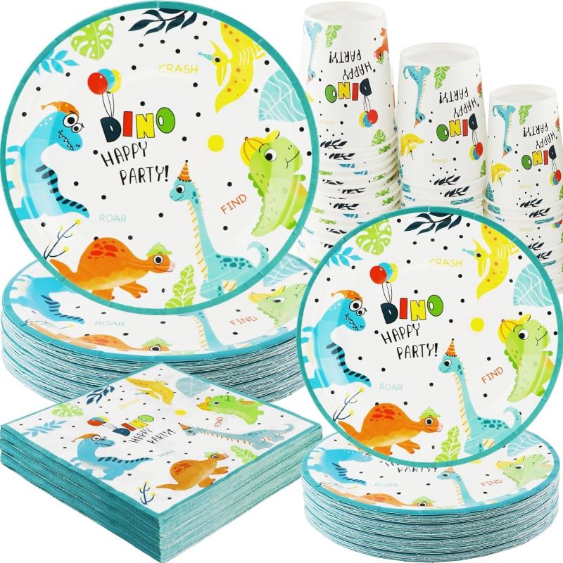 Photo 1 of CELLENOMC Dinosaur Birthday Party Supplies - 200PCS Dino Disposable Tableware Set Party Paper Plates Dinnerware Set Dinner Plates Dessert Plates Cups Napkins + more decorations Boys Dinosaur Theme Party
