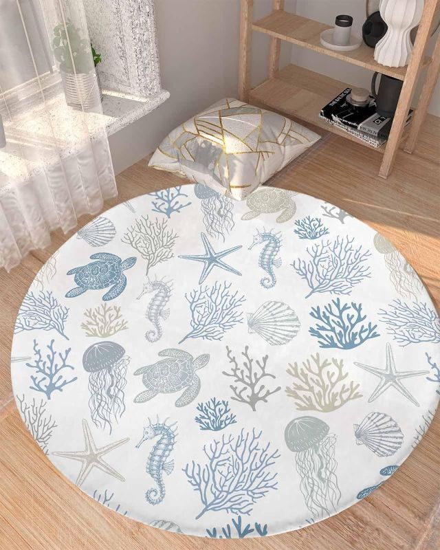 Photo 2 of Coastal Ocean Blue Coral Fluffy Round Area Rug Carpets 3ft, Plush Shaggy Carpet Soft Circular Rugs, Non-Slip Accent Floor Mat for Living Room Bedroom Nursery Summer Turtle Starfish Shell Seahorse
