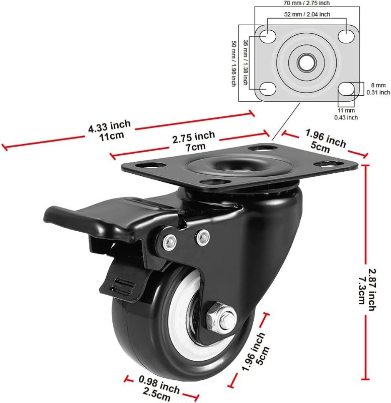 Photo 2 of 2" Caster Wheels, Heavy Duty Casters with Brake Set of 4, Locking Casters with 360 Degree No Noise Polyurethane (PU) Wheels, Swivel Plate Castors Pack of 4
