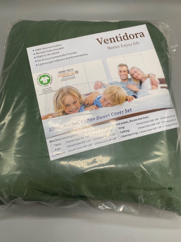 Photo 1 of Ventidora Green 3 Piece Duvet Cover Set Queen Size,100% Organic Washed Cotton Linen Feel Like Textured, Luxury Soft and Breatheable Bedding Set with Zipper Closure(1 Comforter Cover + 2 Pillowcases)

