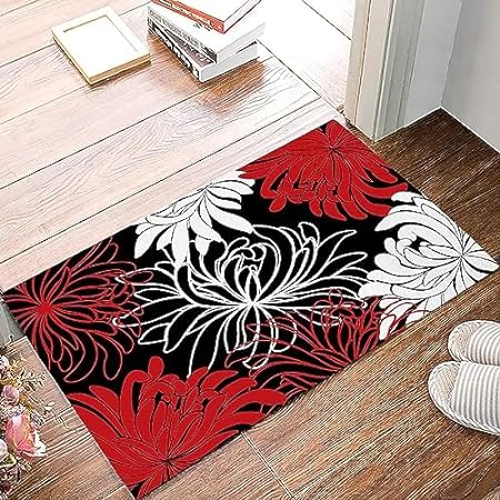 Photo 1 of Daisy Floral Printed, Red Black and White Indoor Outdoor Non-Slip Rubber Welcome Mats Floor Rug Home Decor for Kitchen Bathroom 16 x 24 Inch
