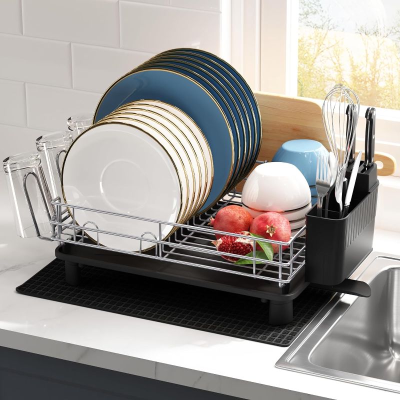 Photo 1 of Dish Drying Rack with Drainboard, Stainless Steel Dish Rack with Swivel Spout, Dish Drainer for Kitchen Counter with Cup Holder, Utensil Holder
