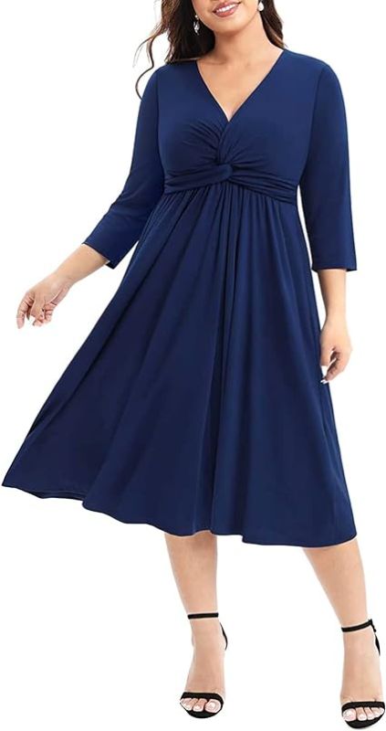 Photo 1 of Size 26 Pinup Fashion Women's Plus Size Twist Knot Front V Neck 3/4 Sleeve A-line Wedding Guest Midi Dress
