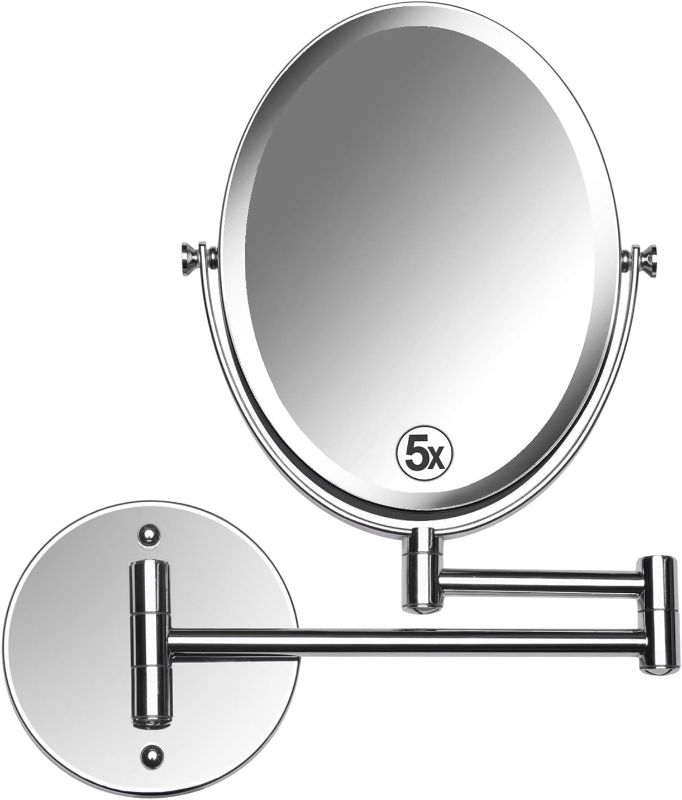 Photo 1 of CHROME Wall Mounted Bathroom Makeup & Shaving Mirror, Double Sided 5X & 1X Magnification, 13-Inch Extension Swivel Arm, Oval 6.6" x 8.6" Glass Area, Chrome