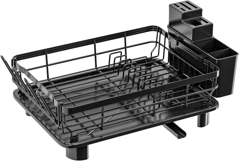 Photo 1 of Dish Drying Rack, Black - Large Dish Drainer Rack with Removable Utensil Holder, Drainboard & Swivel Spout - Modern Kitchen Utensil Organizer for Dishes, Spoons, Forks, Glasses - Rustproof Metal
