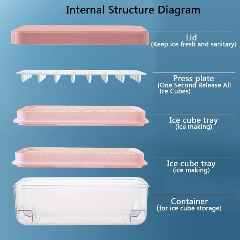 Photo 1 of Press Type Ice Cube Maker, Ice Cube Trays with Lid and Container Ice Mould Double Layer Creative Ice Box, Comes with Ice shovel, One Second Release All Ice Cubes, BPA Free - 64 Ice Cubes (Pink)
