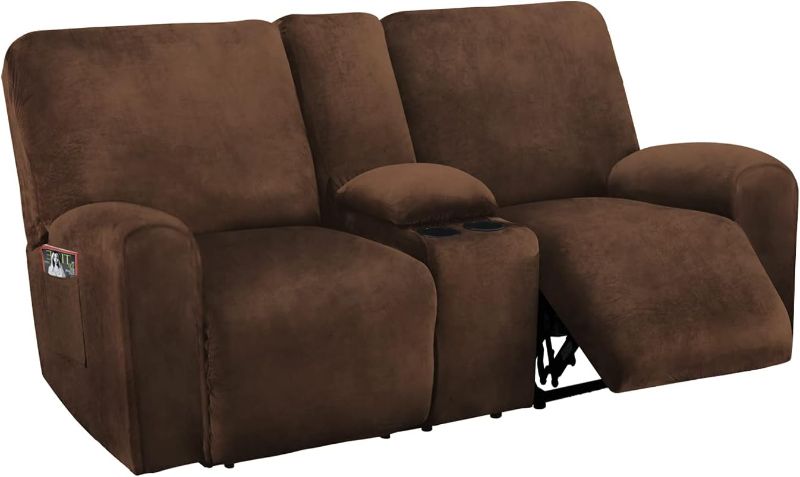 Photo 1 of Reclining Love Seat with Middle Console Slipcover, 8-Piece Velvet Stretch 2 seat Loveseat Recliner Cover, Thick Soft, Washable (Chocolate)
