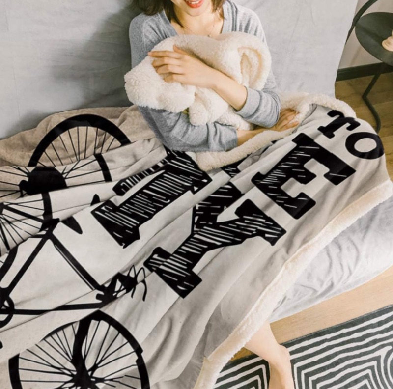 Photo 2 of Sherpa Fleece Throw Blanket I Want to Ride My Bicycle Quotes Vintage Bike Silhouette Home Decor Reversible Fuzzy Warm and Throws,Super Soft Plush Bed TV Blankets for Couch Sofa Black White DHT00032