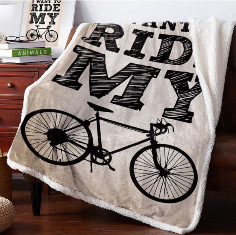Photo 1 of Sherpa Fleece Throw Blanket I Want to Ride My Bicycle Quotes Vintage Bike Silhouette Home Decor Reversible Fuzzy Warm and Throws,Super Soft Plush Bed TV Blankets for Couch Sofa Black White DHT00032