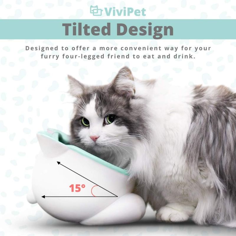 Photo 2 of ViviPet Raised Ceramic Cat Water Food Big Head Bowl Dish, Tilt Angle Protect Cat's Spine, Stress for Cat - Teal
