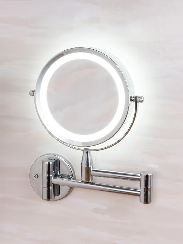 Photo 1 of Wall Mount Magnifying Mirror 5X Magnification Double Sided Wall Mirror Illuminated LED Wall Makeup Mirror Convenient Switch Button 360° Swivel and Extendable for Bathroom D15x3.5x(20.5-38)cm
