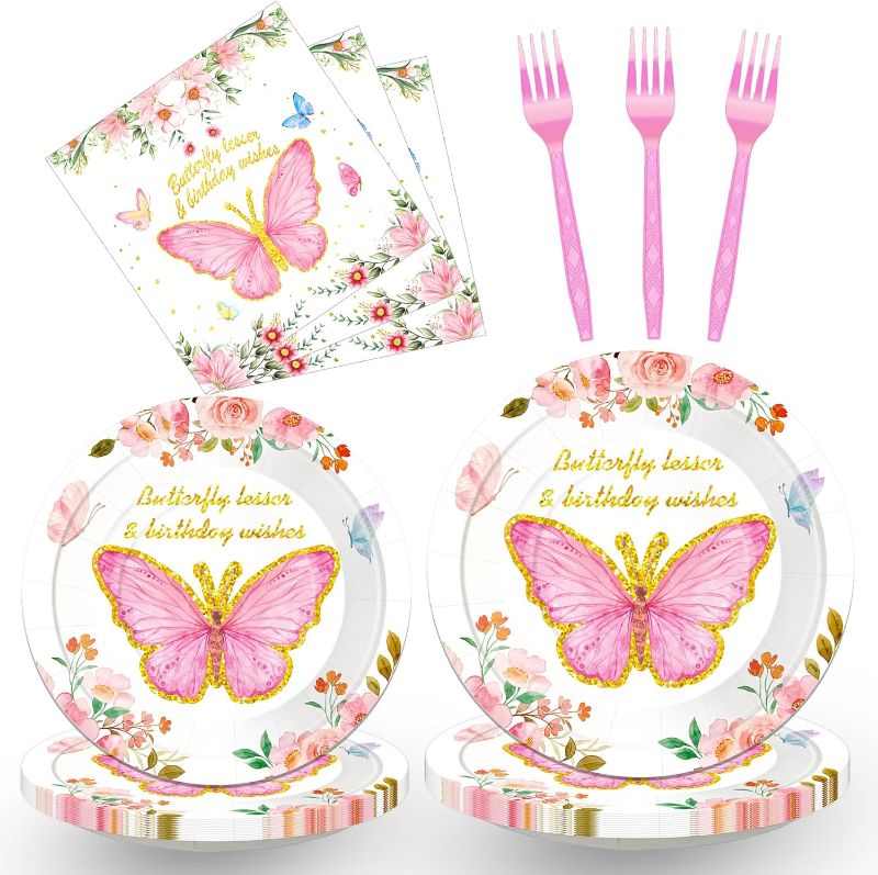 Photo 1 of Butterfly Birthday Decorations, 96Pcs Butterfly Party Supplies-Serves 10 with Butterfly Plates Napkins Cups Tablecloth and Banner for Butterfly Girl Birthday Decorations Plus Table Cloth and Bnner
