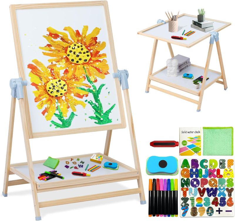 Photo 1 of Easel for Kids, Weudear Kids Easel Double Sided Wooden Easel Standing, 4 in 1 White Board & Magnetic Drawing Board & Tabletop Easel, Art Easel for Kids 3-4 4-8 9-12 Height Adjustable 22-39inch

