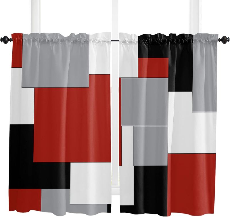 Photo 1 of Red Black Grey Tier Curtains 45 Inches Long, Modern Middle Century Rod Pocket Window Panels for Bedroom/Bathroom/Nursery, Color Block Small Short Half Drapes Cafe 55''x45'', 27.5W x 45L 2
