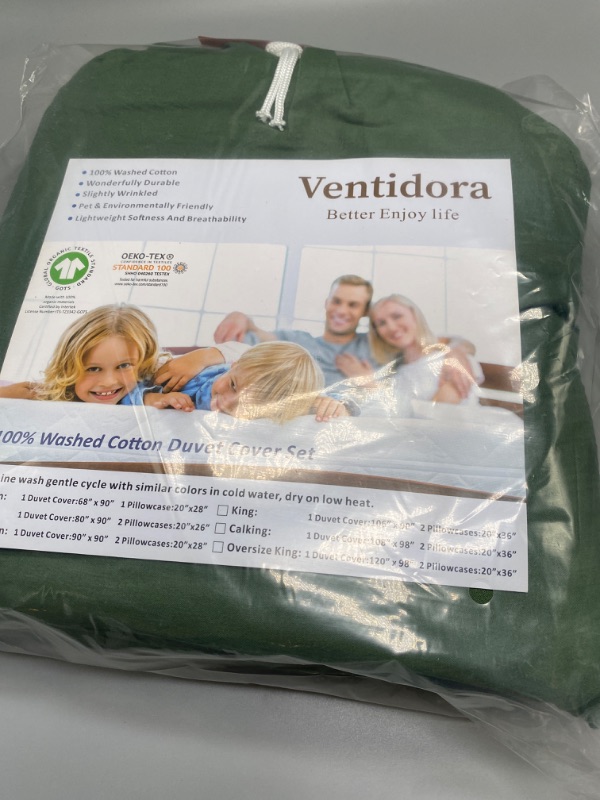 Photo 3 of Ventidora Green 3 Piece Duvet Cover Set Queen Size,100% Organic Washed Cotton Linen Feel Like Textured, Luxury Soft and Breatheable Bedding Set with Zipper Closure(1 Comforter Cover + 2 Pillowcases)
