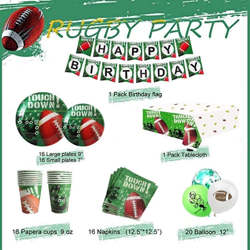 Photo 1 of Party for 10 Football Party Decorations Football Birthday Party Decorations Football Party Plates Napkins Cups Tablecloth Balloons Banner for Football Touchdown Game Day Tailgate Party Supplies

