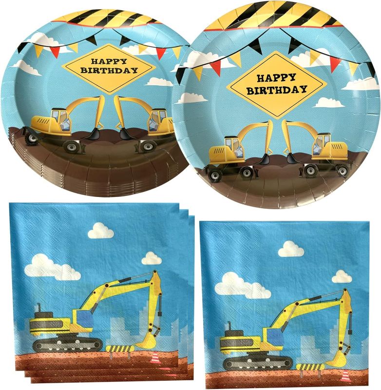 Photo 1 of Construction Birthday Party Supplies for Boys Kids, 20 Plates and 10 Napkins, Table Cloth, Balloons, and Banner for Excavator Themed Birthday Party Decorations Set
