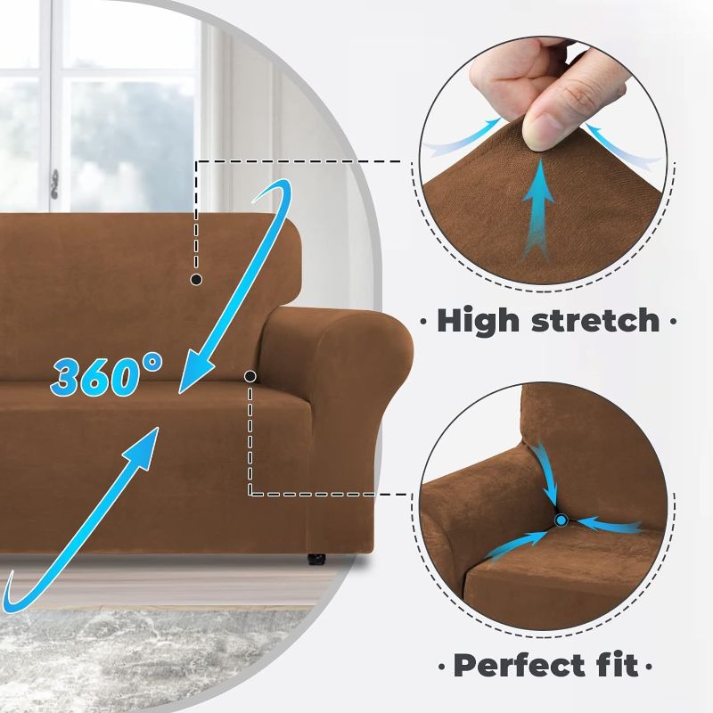 Photo 2 of Medium Velvet Couch Cover - High Stretch Sofa Slipcovers with Non Skid Foam and Elastic Bottom, Furniture Protector for Pets, Crafted from Soft Plush Fabric, Camel, Medium
