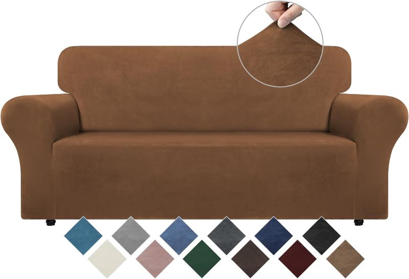 Photo 1 of Medium Velvet Couch Cover - High Stretch Sofa Slipcovers with Non Skid Foam and Elastic Bottom, Furniture Protector for Pets, Crafted from Soft Plush Fabric, Camel, Medium
