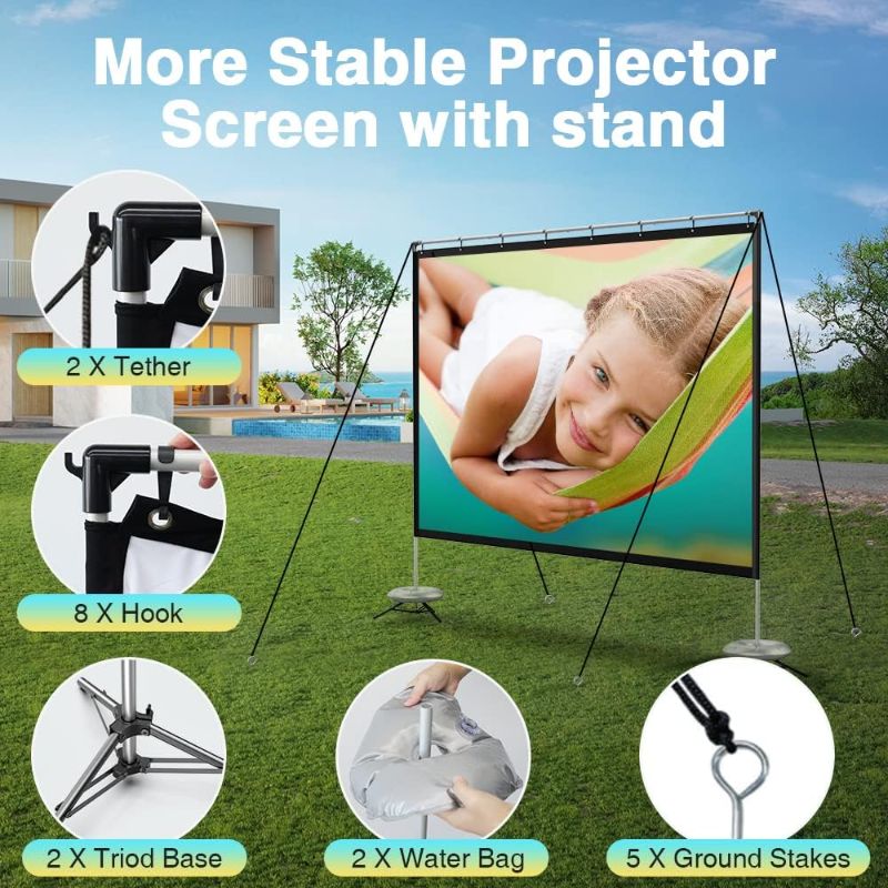 Photo 1 of [Upgraded] MOOKA Family Projector Screen and Stand, 100- inch Projector Screen Outdoor with Carry Bag, 16:9 4K HD Rear Front Outdoor Movie Screen Wrinkle-Free, Easy to Assemble for Home Theater
