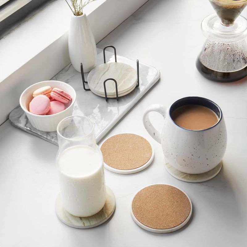 Photo 2 of LIFVER Drink Coasters with Holder, Absorbent Coaster Sets of 6, Marble Style Ceramic Drink Coaster for Tabletop Protection,Suitable for Kinds of Cups, Wooden Table, Cool Home Decor, 4 Inches
