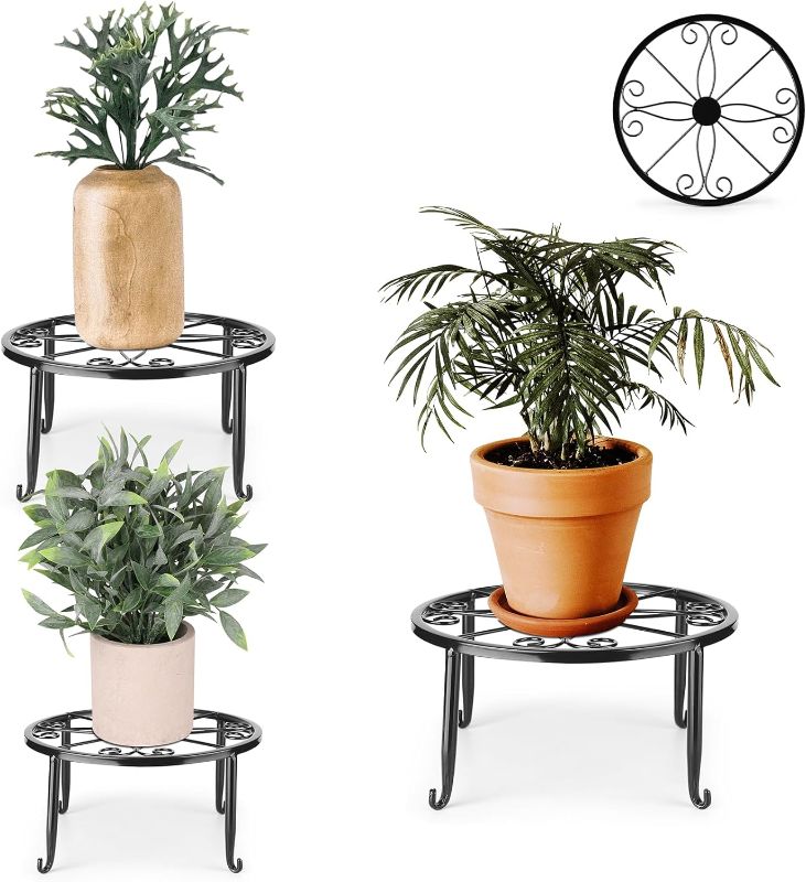 Photo 1 of 3 Pack Metal Plant Stands for Outdoor Indoor Plants, Heavy Duty Flower Pot Stands for Multiple Plant, Anti-Rust Iron Plant Pot Shelf, Round Potted Plant Holder for Garden Home (Black)
