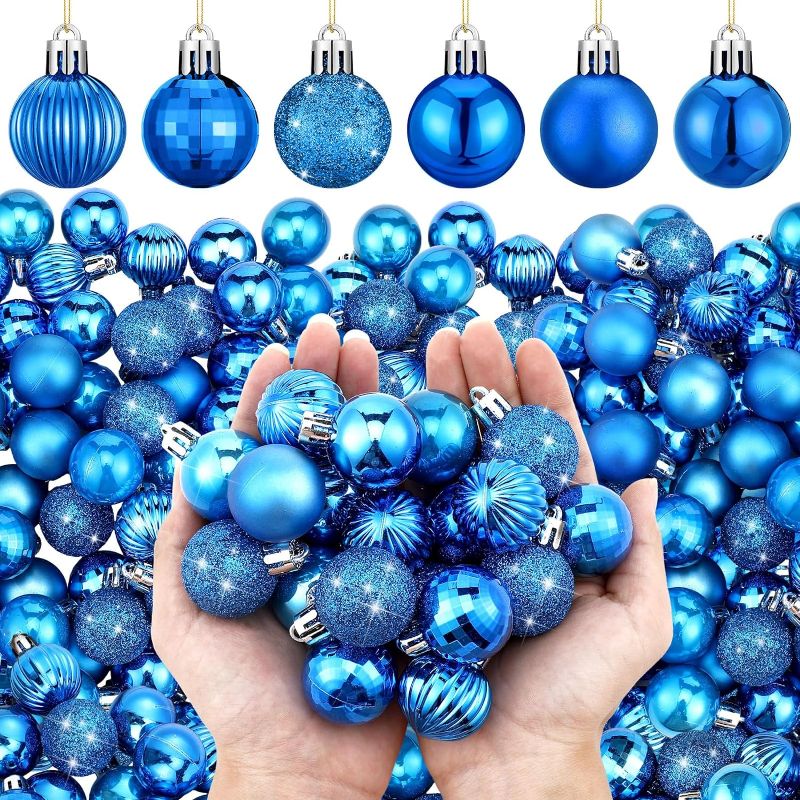 Photo 1 of Shappy 144 Pcs Mini Christmas Ball Ornament 1.18" Christmas Tree Decorations 3Styles Small Christmas Shatterproof Ball with Hanging Loop for Holiday Party Wreath Xmas Tree Decor (Royal Blue)
