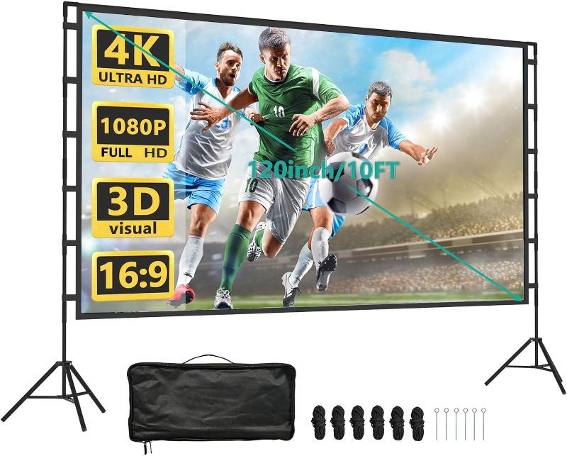 Photo 1 of Mooka  Portable Projector Screen with Stand, 120 inch Foldable Outdoor Projector Screen 16:9 4K HD Wrinkle-Free Lightweight Movie Screen with Carry Bag for Home Backyard Theater Party Camping (PSM002-B)
